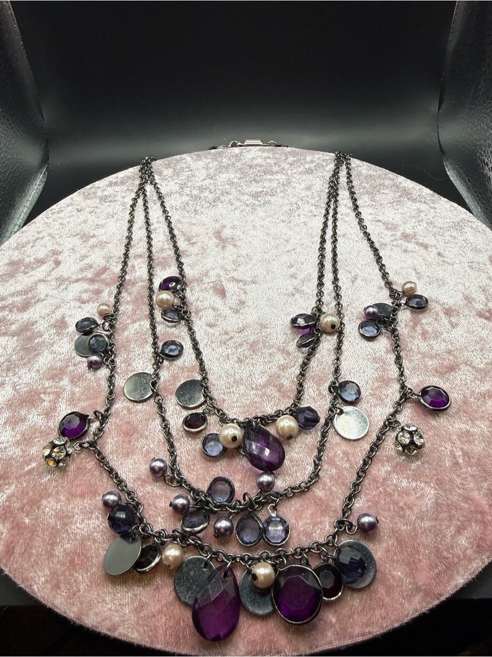 Purple Gunmetal Three Layer Beaded Charm Statement Necklace
